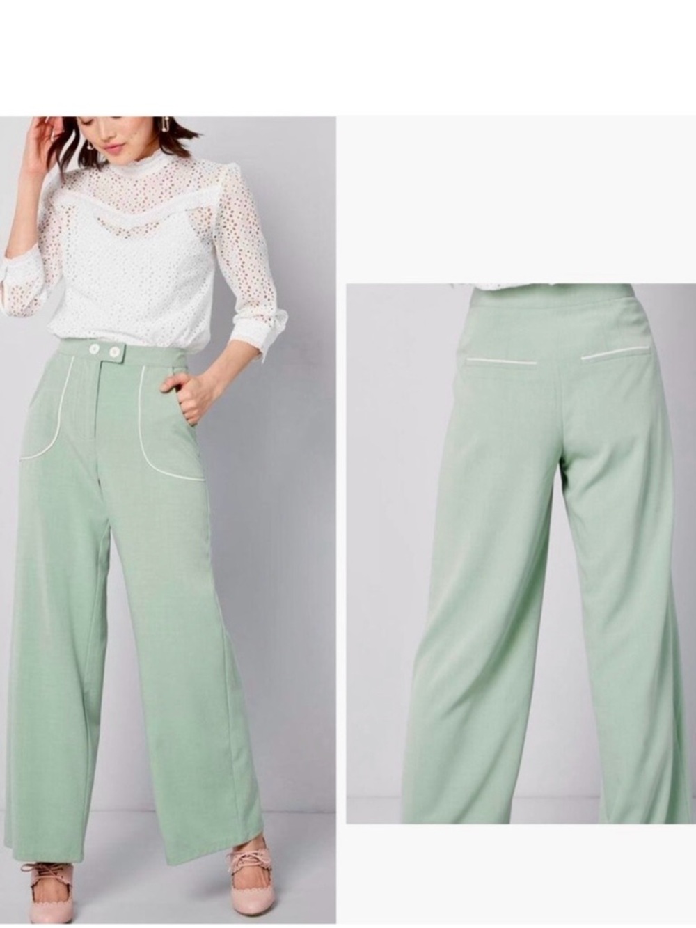 MODCLOTH Pastel Mint Green Wide Leg Trousers Pants w White Piping Trim